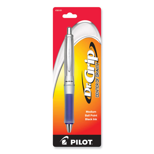 Pilot® Dr. Grip Center of Gravity Ballpoint Pen, Retractable, Medium 1 mm, Black Ink, Silver/Navy Grip Barrel (PIL36181)