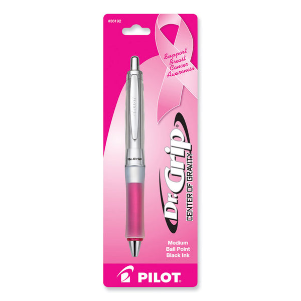 Pilot® Dr. Grip Center of Gravity Breast Cancer Awareness Ballpoint Pen, Retractable, Medium 1mm, Black Ink, Silver/Pink Barrel (PIL36192)
