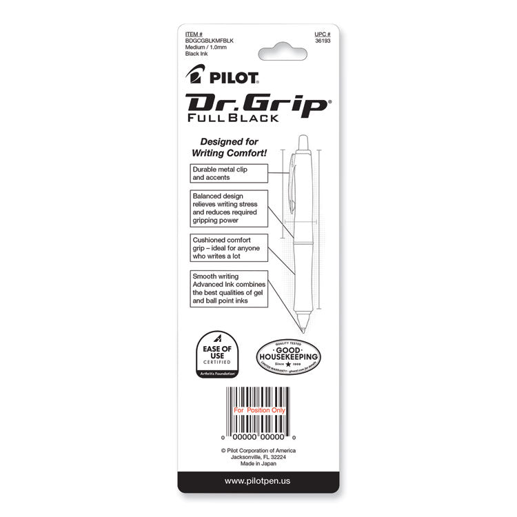 Pilot® Dr. Grip FullBlack Advanced Ink Ballpoint Pen, Retractable, Medium 1 mm, Black Ink, Black Barrel (PIL36193) Each