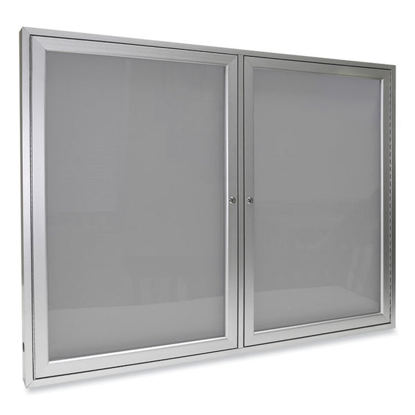 Ghent 2 Door Enclosed Vinyl Bulletin Board with Satin Aluminum Frame, 48 x 36, Silver Surface, Ships in 7-10 Business Days (GHEPA23648VX193)