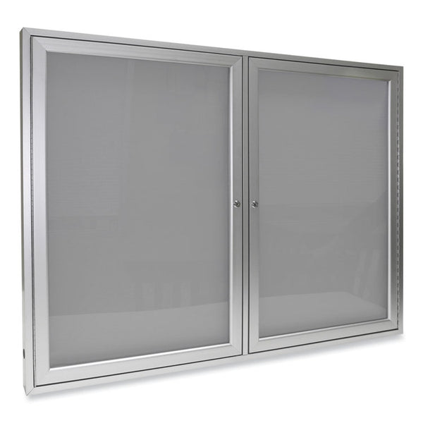 Ghent 2 Door Enclosed Vinyl Bulletin Board with Satin Aluminum Frame, 60 x 48, Silver Surface, Ships in 7-10 Business Days (GHEPA24860VX193)