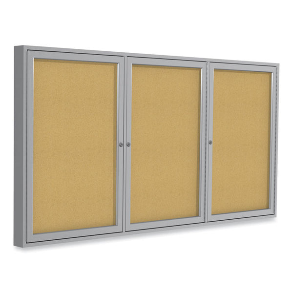 Ghent 3 Door Enclosed Natural Cork Bulletin Board with Satin Aluminum Frame, 72 x 48, Tan Surface, Ships in 7-10 Business Days (GHEPA34872K)
