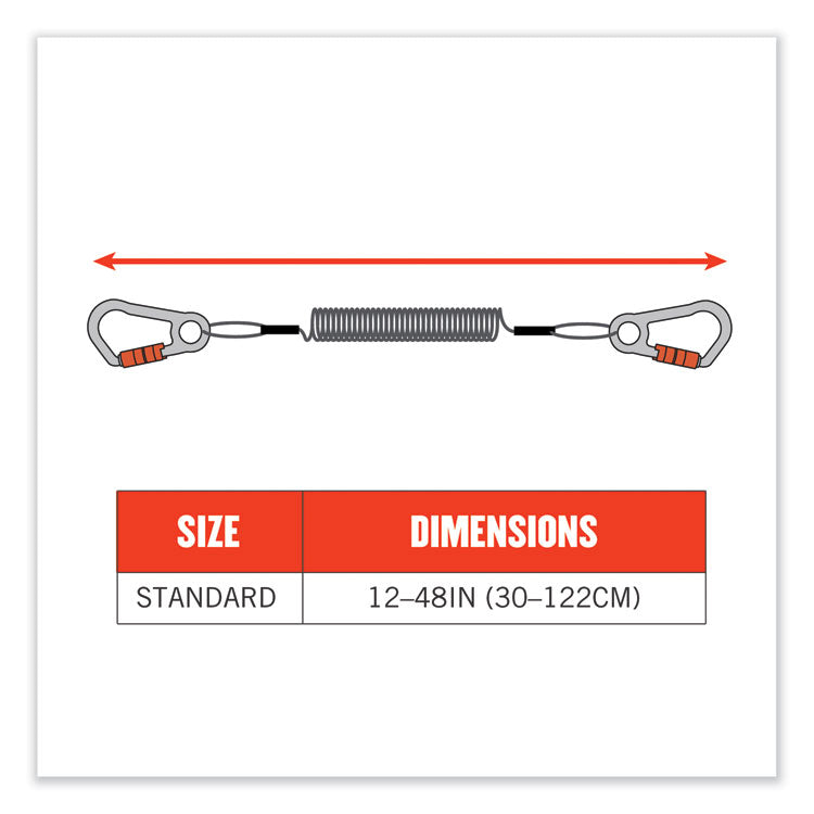 ergodyne® Squids 3166 Coiled Tool Lanyard with Two Carabiners, 2 lb Max Working Capacity, 12" Long, Black, Ships in 1-3 Business Days (EGO19162) Each