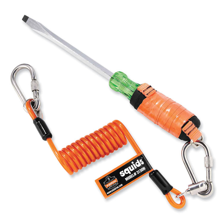 ergodyne® Squids 3130M Coiled Cable Lanyard with Carabiners, 5 lb Max Working Capacity, 6.5" to 48", Orange, Ships in 1-3 Business Days (EGO19131) Each