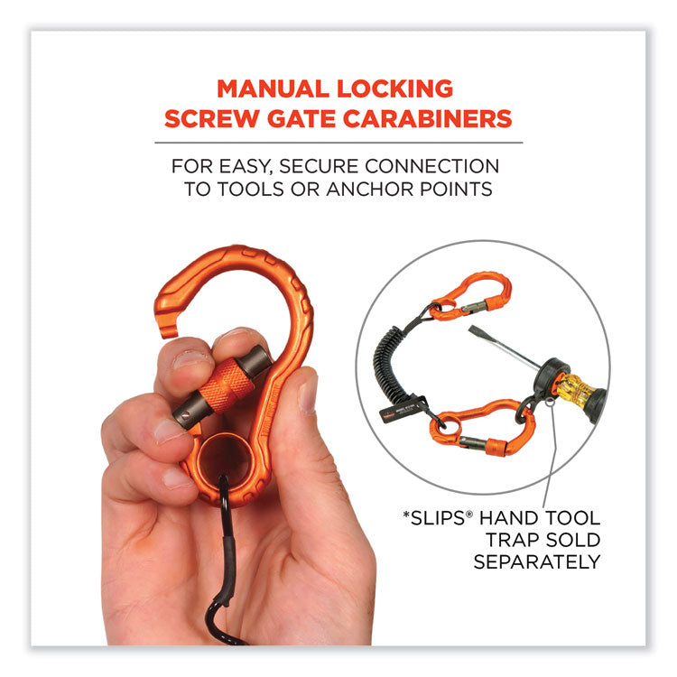 ergodyne® Squids 3166 Coiled Tool Lanyard with Two Carabiners, 2 lb Max Working Capacity, 12" Long, Black, Ships in 1-3 Business Days (EGO19162) Each