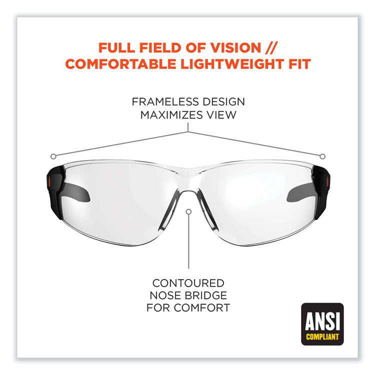 ergodyne® Skullerz Saga Frameless Safety Glasses, Black Nylon Impact Frame, Anti-Fog Clear Polycarb Lens, Ships in 1-3 Business Days (EGO59103) Each