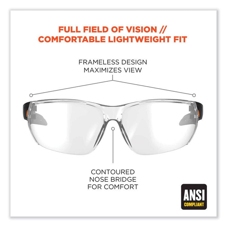 ergodyne® Skullerz Vali Frameless Safety Glasses, Black Nylon Impact Frame, Anti-Fog Clear Polycarb Lens, Ships in 1-3 Business Days (EGO59203) Each