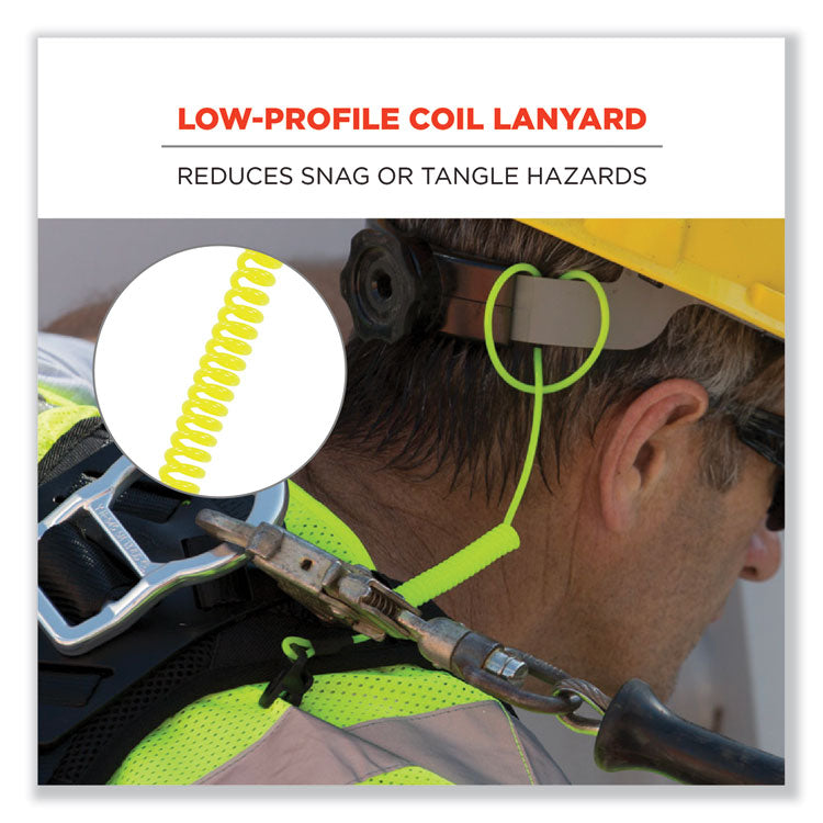 ergodyne® Squids 3158 Coiled Lanyard with Clamp, 2 lb Max Working Capacity, 12" to 48" Long, Lime, Ships in 1-3 Business Days (EGO19159) Each