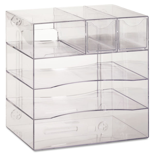 Rubbermaid® Optimizers Four-Way Organizer with Drawers, 6 Compartments, 2 Drawers, Plastic, 10 x 13.25 x 13.25, Clear (RUB94600ROS)