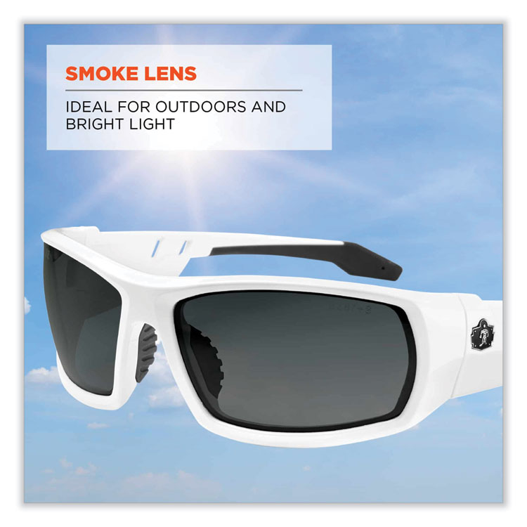 ergodyne® Skullerz Odin Safety Glasses, White Nylon Impact Frame, Smoke Polycarbonate Lens, Ships in 1-3 Business Days (EGO50230) Each