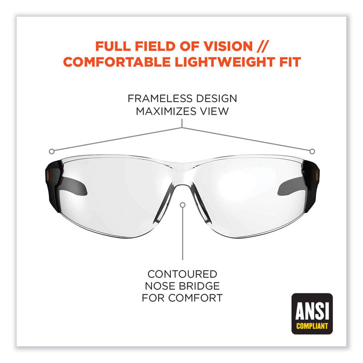 ergodyne® Skullerz Saga Frameless Safety Glasses, Matte Black Nylon Impact Frame, Clear Polycarbonate Lens, Ships in 1-3 Business Days (EGO59100) Each
