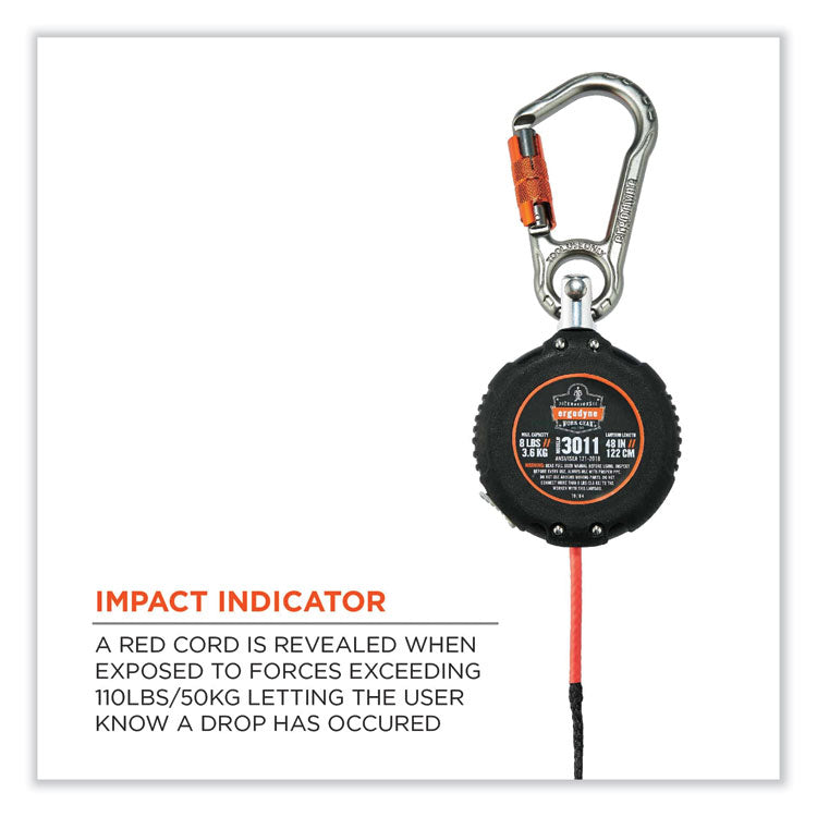 ergodyne® Squids 3011 Retractable Lanyard w/Tool+Swivel Anchor Carabiners, 8 lb Max Work Cap, 48", Black, Ships in 1-3 Business Days (EGO19311) Each