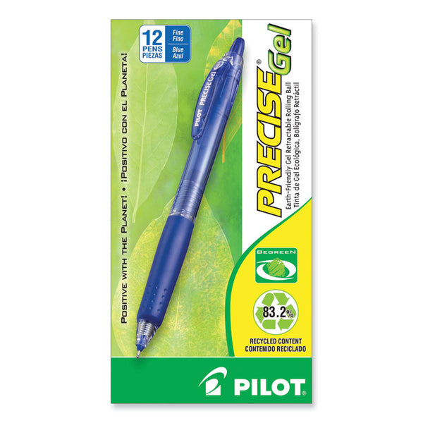 Pilot® Precise Gel BeGreen Gel Pen, Retractable, Fine 0.7 mm, Blue Ink, Translucent Blue Barrel, Dozen (PIL15002)