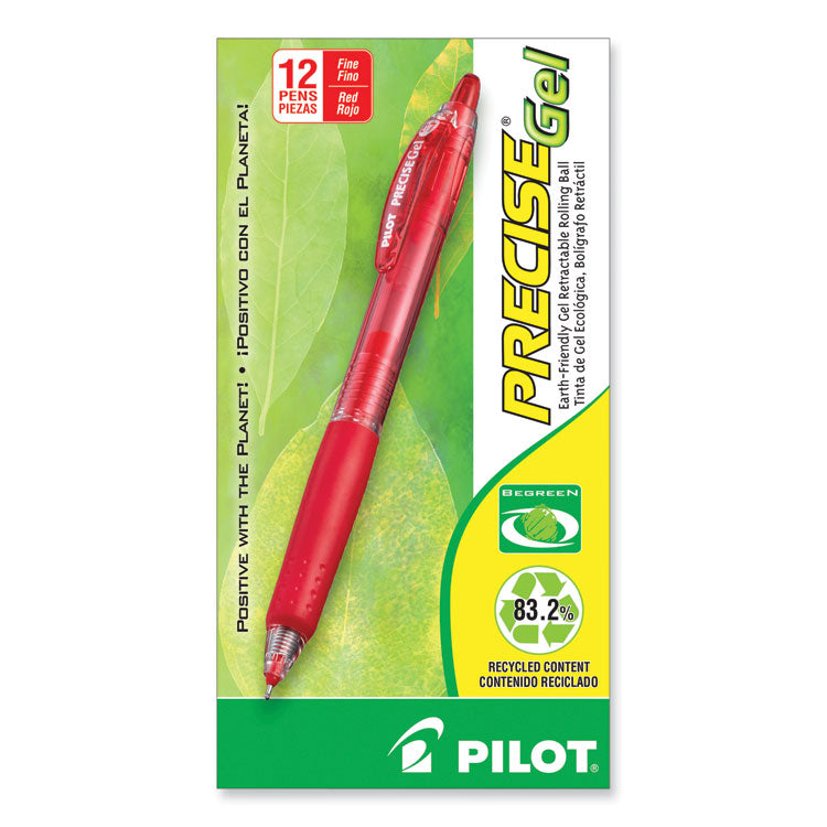 Pilot® Precise Gel BeGreen Gel Pen, Retractable, Fine 0.7 mm, Red Ink, Translucent Red Barrel, Dozen (PIL15003)