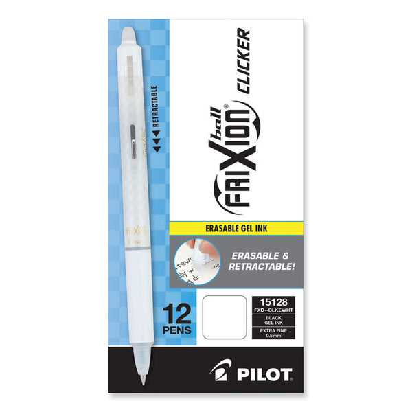 Pilot® FriXion Clicker Design Erasable Gel Pen, Retractable, Extra-Fine 0.5 mm, Black Ink, White Barrel, Dozen (PIL15128)