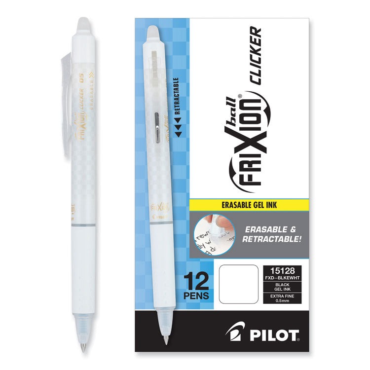 Pilot® FriXion Clicker Design Erasable Gel Pen, Retractable, Extra-Fine 0.5 mm, Black Ink, White Barrel, Dozen (PIL15128)