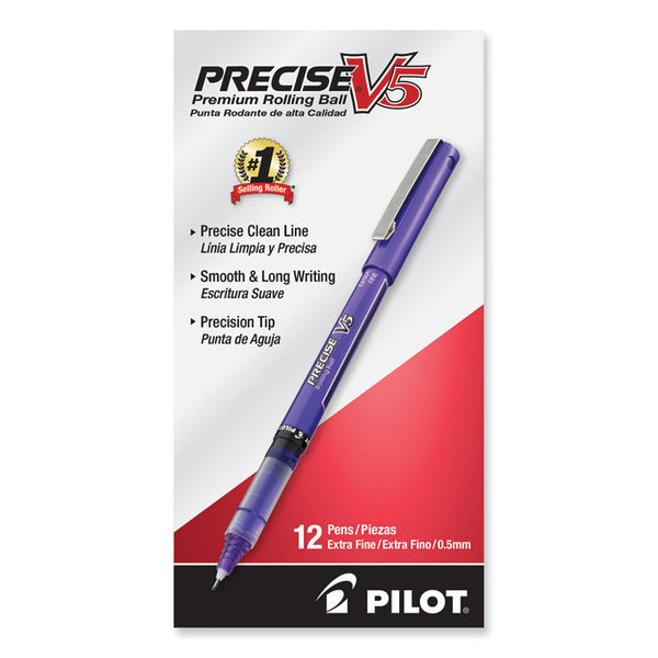 Pilot® Precise V5 Roller Ball Pen, Stick, Extra-Fine 0.5 mm, Purple Ink, Purple/Clear Barrel, Dozen (PIL25106)