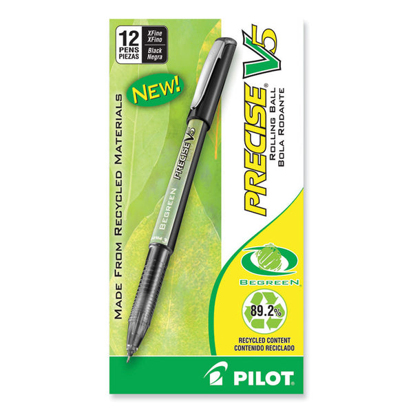 Pilot® Precise V5 BeGreen Roller Ball Pen, Stick, Extra-Fine 0.5 mm, Black Ink, Black Barrel, Dozen (PIL26300)