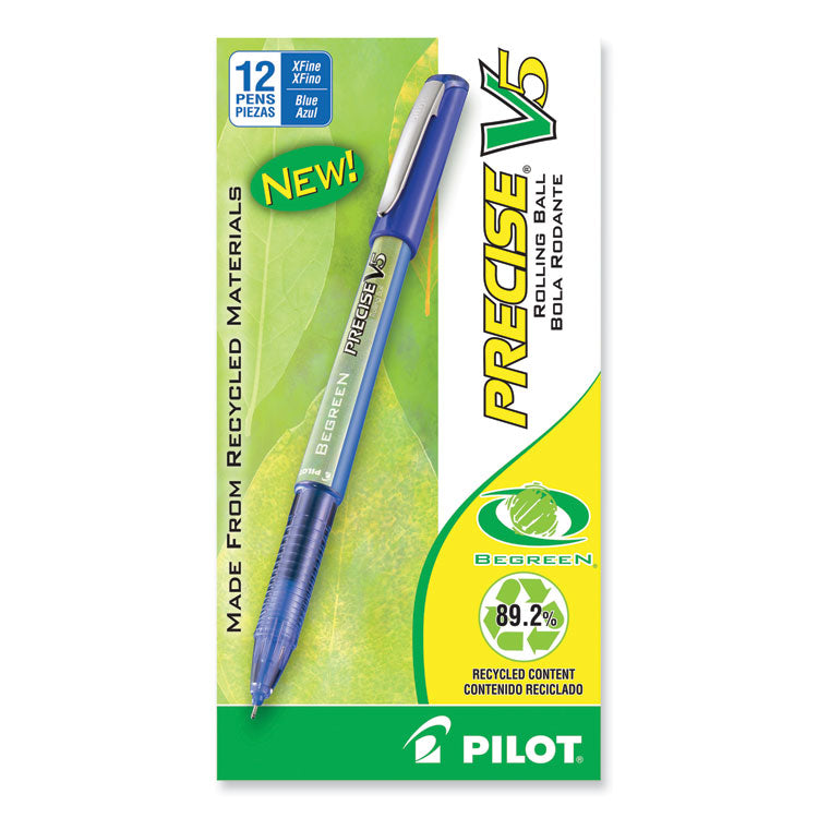 Pilot® Precise V5 BeGreen Roller Ball Pen, Stick, Extra-Fine 0.5 mm, Blue Ink, Blue Barrel, Dozen (PIL26301)