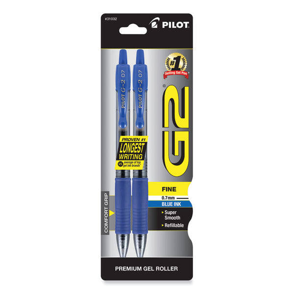 Pilot® G2 Premium Gel Pen, Retractable, Fine 0.7 mm, Blue Ink, Smoke/Blue Barrel, 2/Pack (PIL31032)