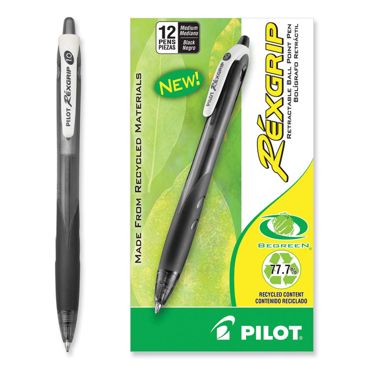 Pilot® RexGrip BeGreen Ballpoint Pen, Retractable, Medium 1 mm, Black Ink, Smoke/Black Barrel, Dozen (PIL32370)