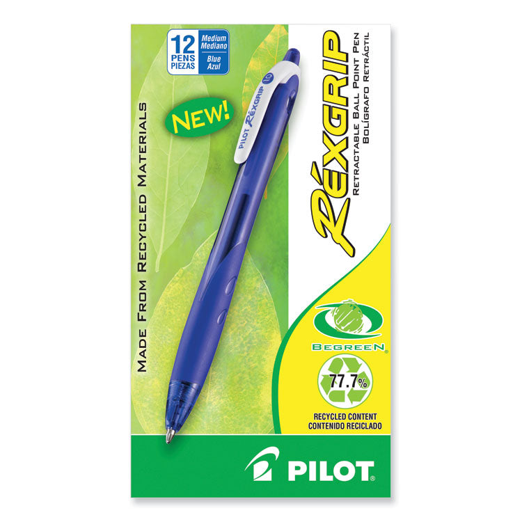 Pilot® RexGrip BeGreen Ballpoint Pen, Retractable, Medium 1 mm, Blue Ink, Translucent Blue Barrel, Dozen (PIL32371)