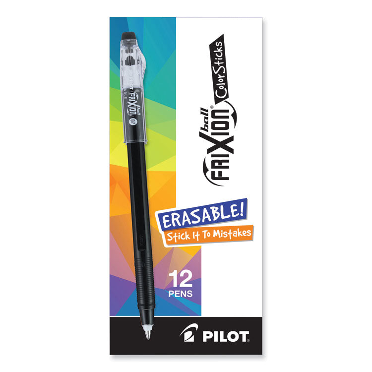 Pilot® FriXion ColorSticks Erasable Gel Pen, Clipless Stick, Fine 0.7 mm, Black Ink, Black Barrel, Dozen (PIL32465)