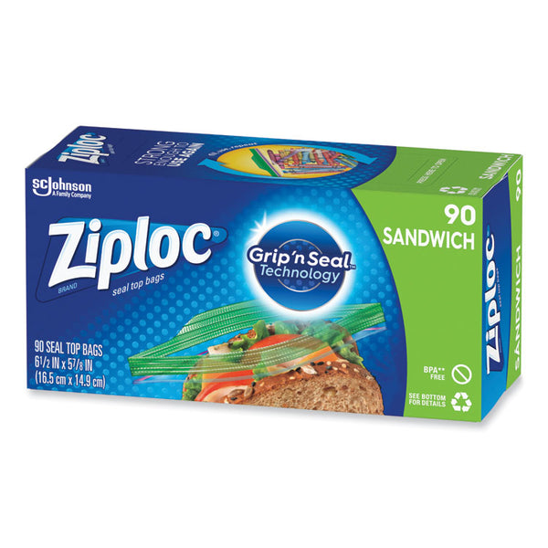 Ziploc® Resealable Sandwich Bags, 1.2 mil, 6.5" x 5.88", Clear, 90 Bags/Box, 12 Boxes/Carton (SJN315885)