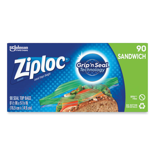 Ziploc® Resealable Sandwich Bags, 1.2 mil, 6.5" x 5.88", Clear, 90 Bags/Box, 12 Boxes/Carton (SJN315885)