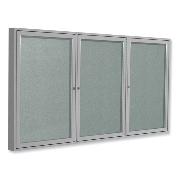 Ghent 3 Door Enclosed Vinyl Bulletin Board with Satin Aluminum Frame, 96 x 48, Silver Surface, Ships in 7-10 Business Days (GHEPA34896VX193)