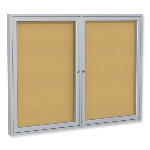 Ghent 2 Door Enclosed Natural Cork Bulletin Board with Satin Aluminum Frame, 60 x 36, Tan Surface, Ships in 7-10 Business Days (GHEPA23660K)