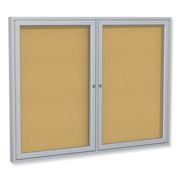 Ghent 2 Door Enclosed Natural Cork Bulletin Board with Satin Aluminum Frame, 72 x 36, Tan Surface, Ships in 7-10 Business Days (GHEPA33672K)