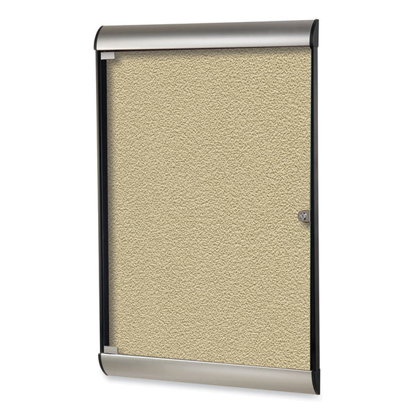 Ghent Silhouette 1 Door Enclosed Caramel Vinyl Bulletin Board with Satin/Black Frame, 27.75 x 42.13, Ships in 7-10 Business Days (GHESILH20410)