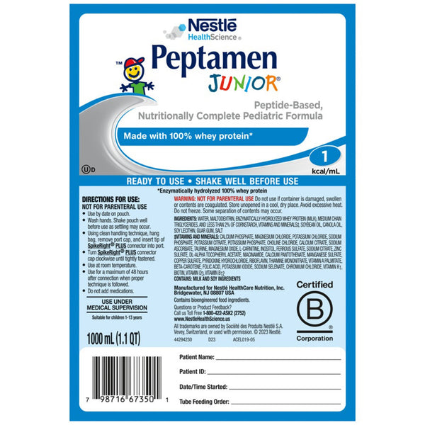 Peptamen Junior® Pediatric Tube Feeding Formula Unflavored 1000 mL Bag Liquid Whey Protein Impaired GI Function (664067_EA) 1/EA