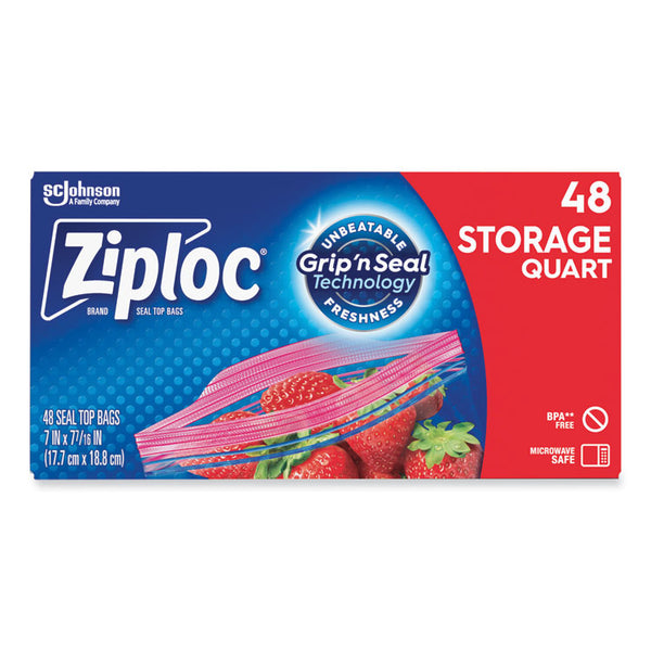 Ziploc® Double Zipper Storage Bags, 1 qt, 1.75 mil, 9.63" x 8.5", Clear, 48/Box (SJN314469BX)