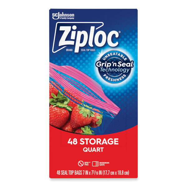 Ziploc® Double Zipper Storage Bags, 1 qt, 1.75 mil, 9.63" x 8.5", Clear, 48/Box (SJN314469BX)