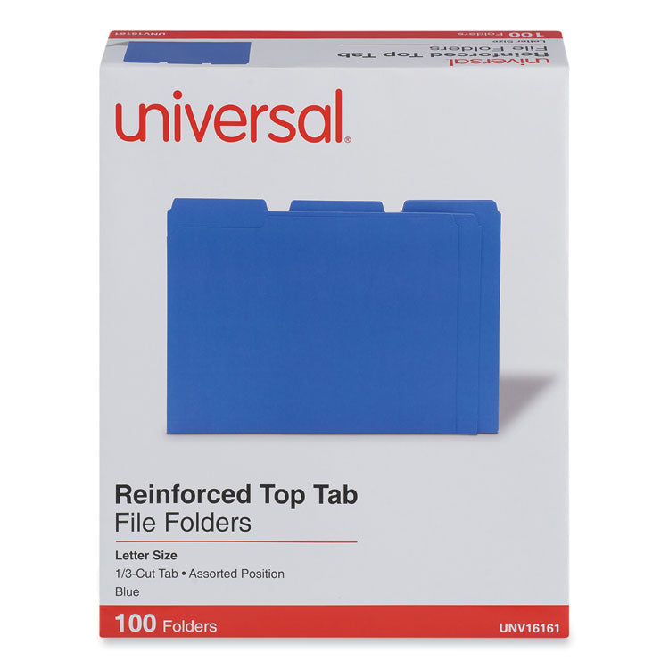 Universal® Reinforced Top-Tab File Folders, 1/3-Cut Tabs: Assorted, Letter Size, 1" Expansion, Blue, 100/Box (UNV16161) Box of 100
