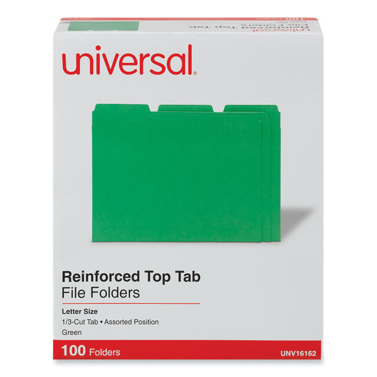 Universal® Reinforced Top-Tab File Folders, 1/3-Cut Tabs: Assorted, Letter Size, 1" Expansion, Green, 100/Box (UNV16162) Box of 100