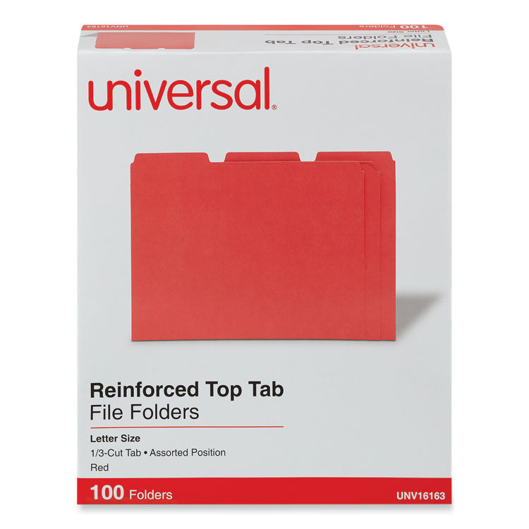 Universal® Reinforced Top-Tab File Folders, 1/3-Cut Tabs: Assorted, Letter Size, 1" Expansion, Red, 100/Box (UNV16163) Box of 100