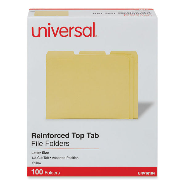 Universal® Reinforced Top-Tab File Folders, 1/3-Cut Tabs: Assorted, Letter Size, 1" Expansion, Yellow, 100/Box (UNV16164)