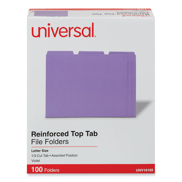 Universal® Reinforced Top-Tab File Folders, 1/3-Cut Tabs: Assorted, Letter Size, 1" Expansion, Violet, 100/Box (UNV16165)