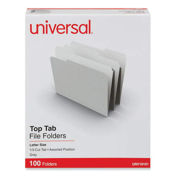 Universal® Top Tab File Folders, 1/3-Cut Tabs: Assorted, Letter Size, 0.75" Expansion, Gray, 100/Box (UNV18101)