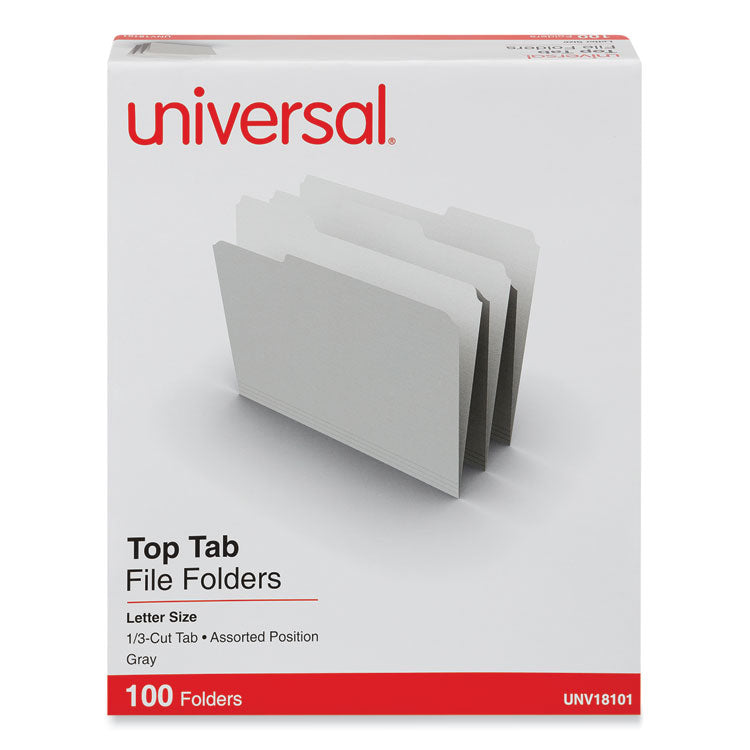 Universal® Top Tab File Folders, 1/3-Cut Tabs: Assorted, Letter Size, 0.75" Expansion, Gray, 100/Box (UNV18101) Box of 100