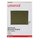 Universal® Deluxe Reinforced Recycled Hanging File Folders, Letter Size, 1/3-Cut Tabs, Standard Green, 25/Box (UNV24113)