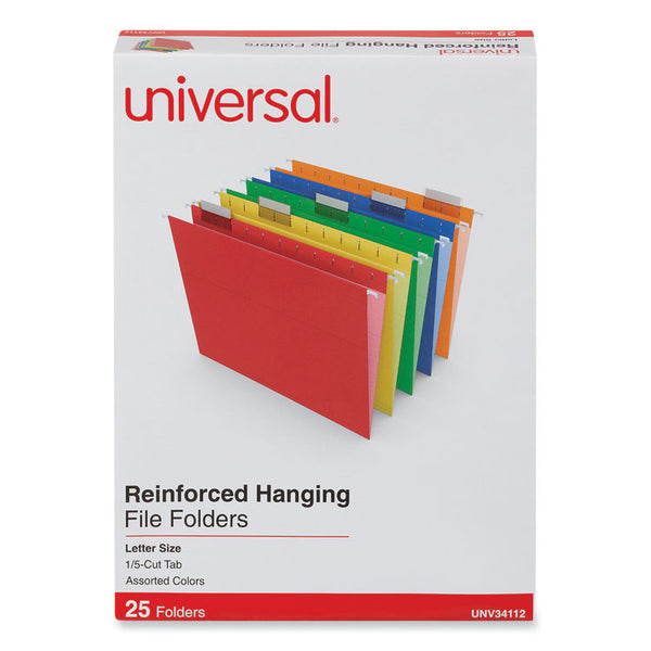 Universal® Deluxe Reinforced Recycled Hanging File Folders, Letter Size, 1/5-Cut Tabs, Assorted, 25/Box (UNV34112)