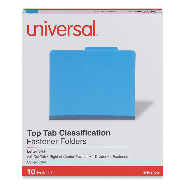 Universal® Bright Colored Pressboard Classification Folders, 2" Expansion, 1 Divider, 4 Fasteners, Letter Size, Cobalt Blue, 10/Box (UNV10201)