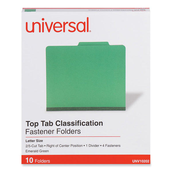 Universal® Bright Colored Pressboard Classification Folders, 2" Expansion, 1 Divider, 4 Fasteners, Letter Size, Emerald Green, 10/Box (UNV10202)