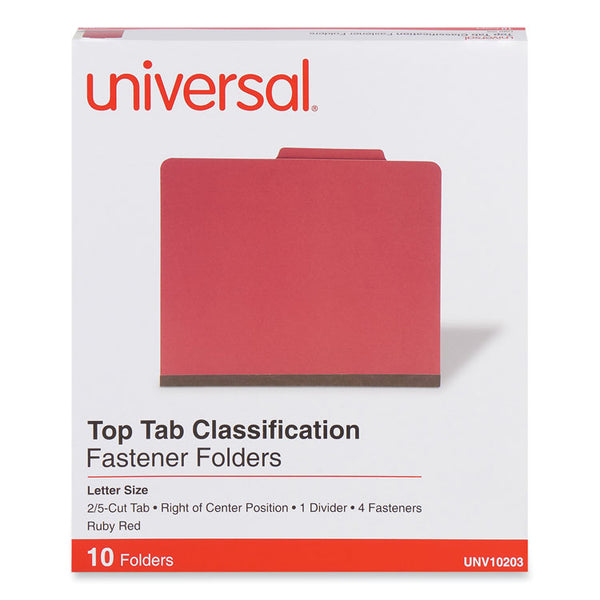 Universal® Bright Colored Pressboard Classification Folders, 2" Expansion, 1 Divider, 4 Fasteners, Letter Size, Ruby Red, 10/Box (UNV10203)