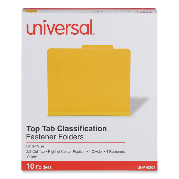 Universal® Bright Colored Pressboard Classification Folders, 2" Expansion, 1 Divider, 4 Fasteners, Letter Size, Yellow Exterior, 10/Box (UNV10204)