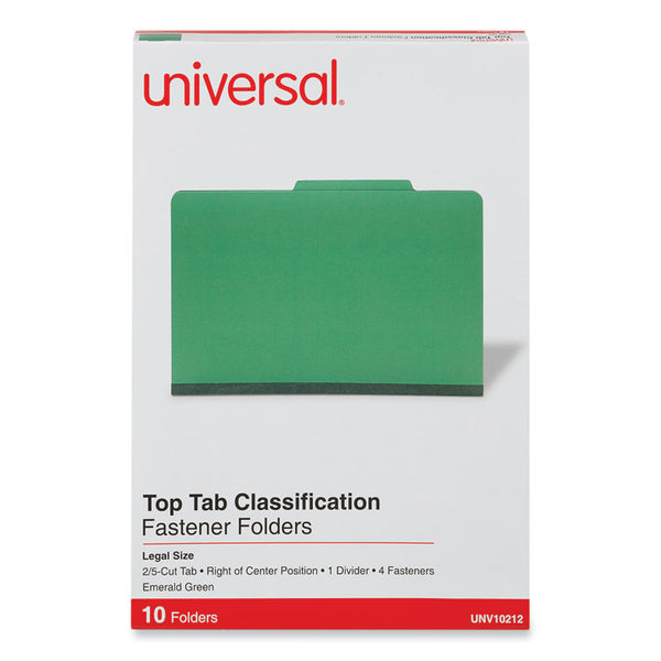 Universal® Bright Colored Pressboard Classification Folders, 2" Expansion, 1 Divider, 4 Fasteners, Legal Size, Emerald Green, 10/Box (UNV10212)